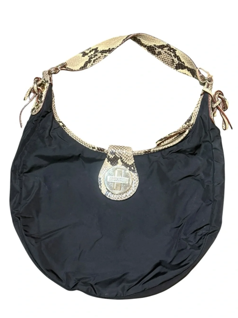 Kate Spade Nylon Black Hobo Shoulder Bag with Gold Snake-Print Trim